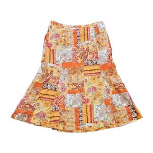Vtg Patchwork Midi Skirt Women 14 Orange Floral Paisley Embroidered Hippie Retro